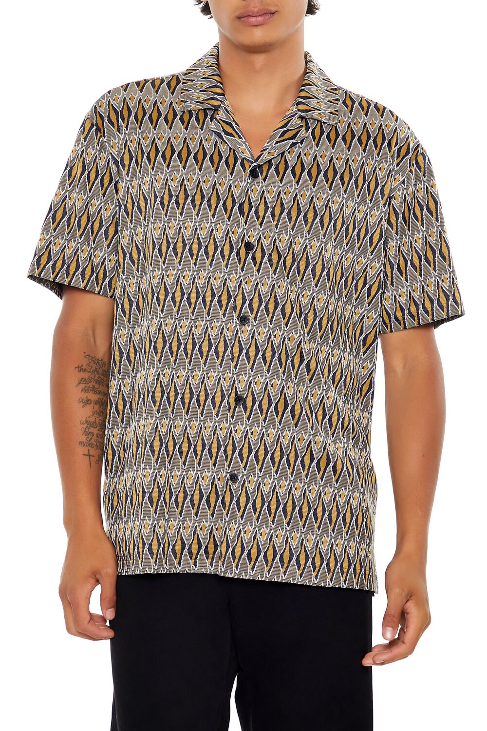  Forever 21 Geo Print Button-Up Shirt - deep taupe multi - Bonton