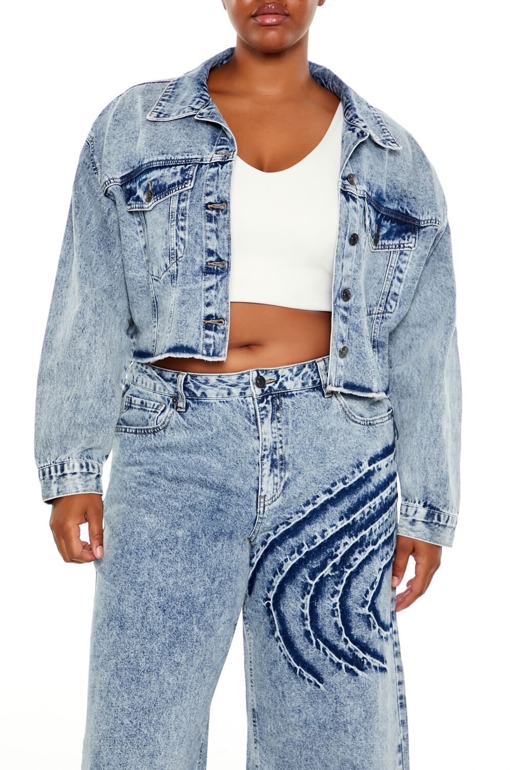  Forever 21 Plus Size Heart Mineral Wash Jacket - light-denim - Bonton