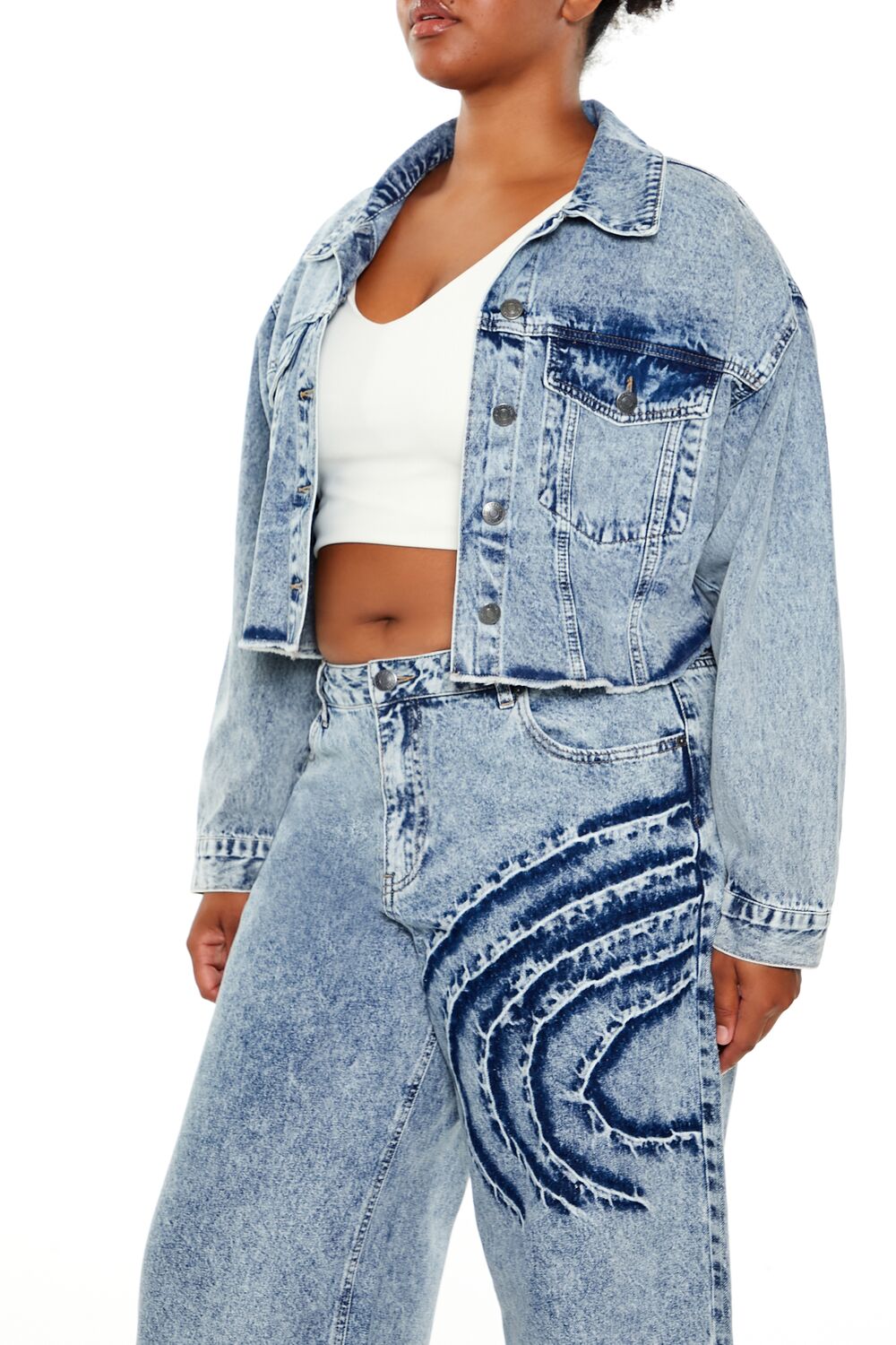  Forever 21 Plus Size Heart Mineral Wash Jacket - light-denim - Bonton