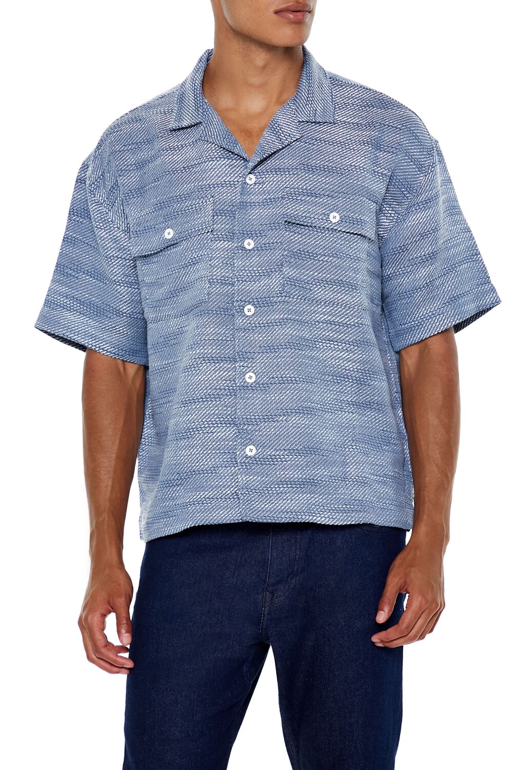  Forever 21 Textured Cuban Collar Shirt - blue cream - Bonton
