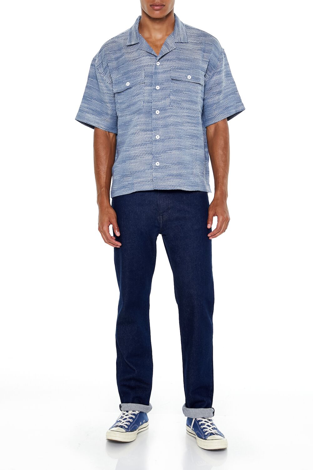  Forever 21 Textured Cuban Collar Shirt - blue cream - Bonton