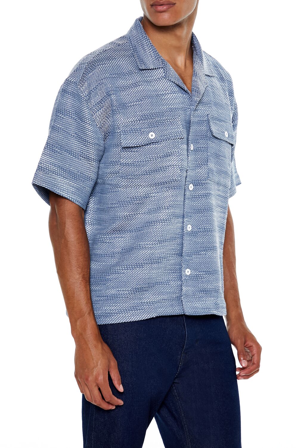  Forever 21 Textured Cuban Collar Shirt - blue cream - Bonton