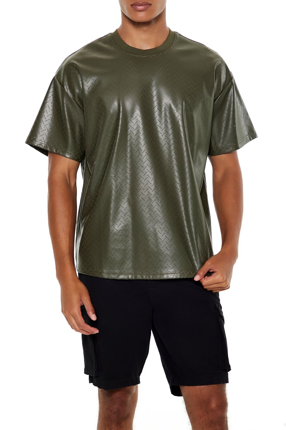  Forever 21 Geo Chevron Faux Leather Tee - olive multi - Bonton