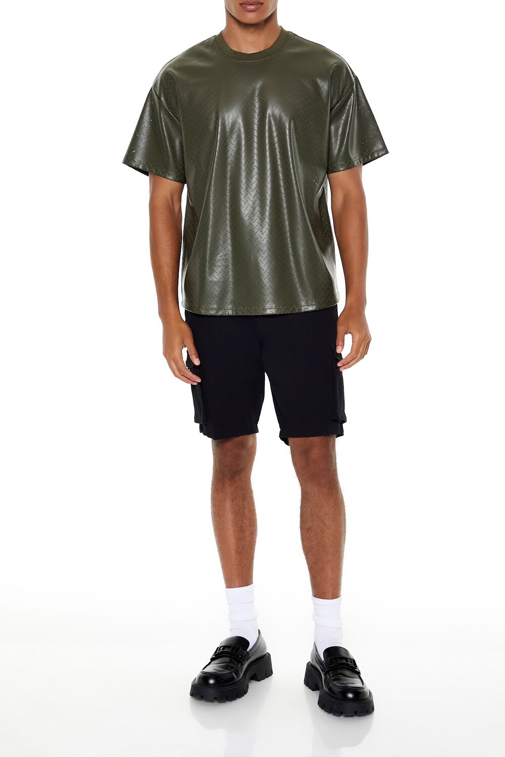  Forever 21 Geo Chevron Faux Leather Tee - olive multi - Bonton