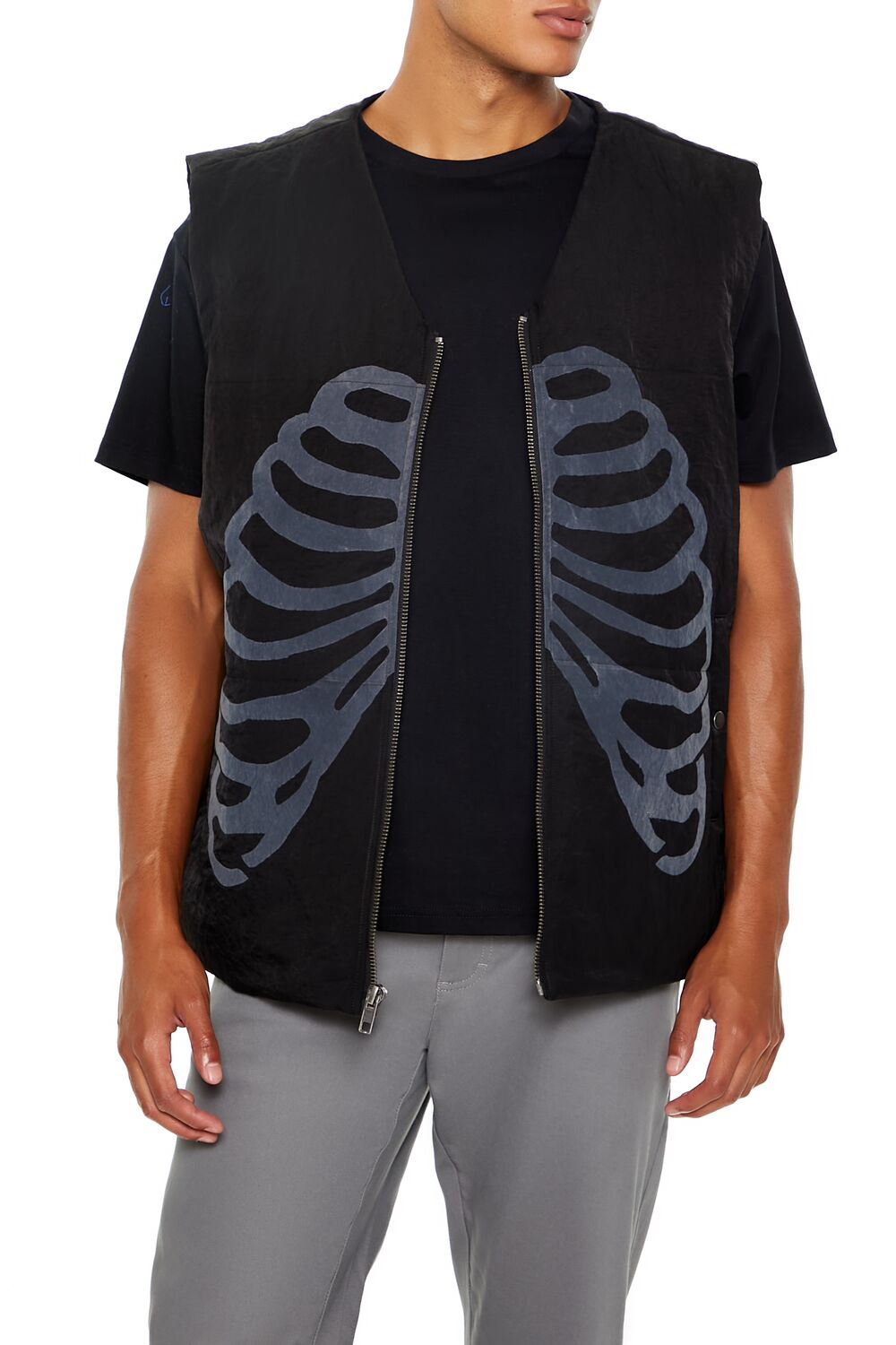  Forever 21 Skeleton Ribcage Zip-Up Vest - black-grey - Bonton