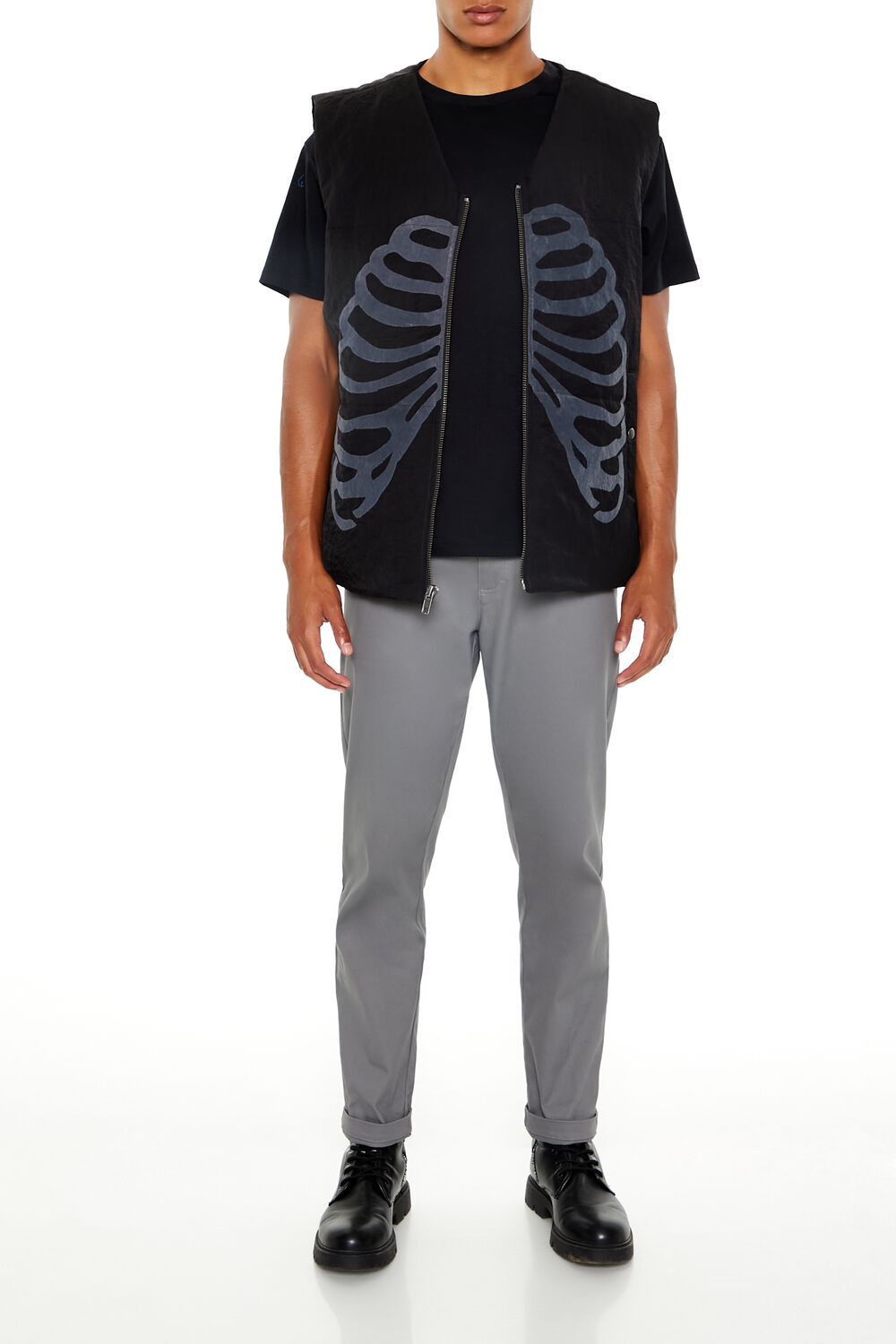  Forever 21 Skeleton Ribcage Zip-Up Vest - black-grey - Bonton