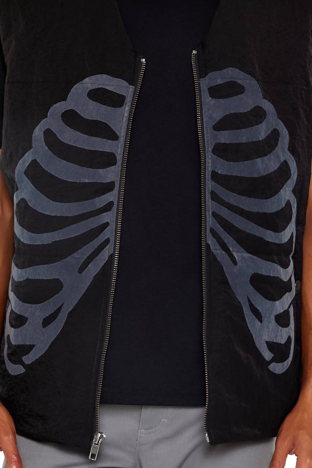  Forever 21 Skeleton Ribcage Zip-Up Vest - black-grey - Bonton