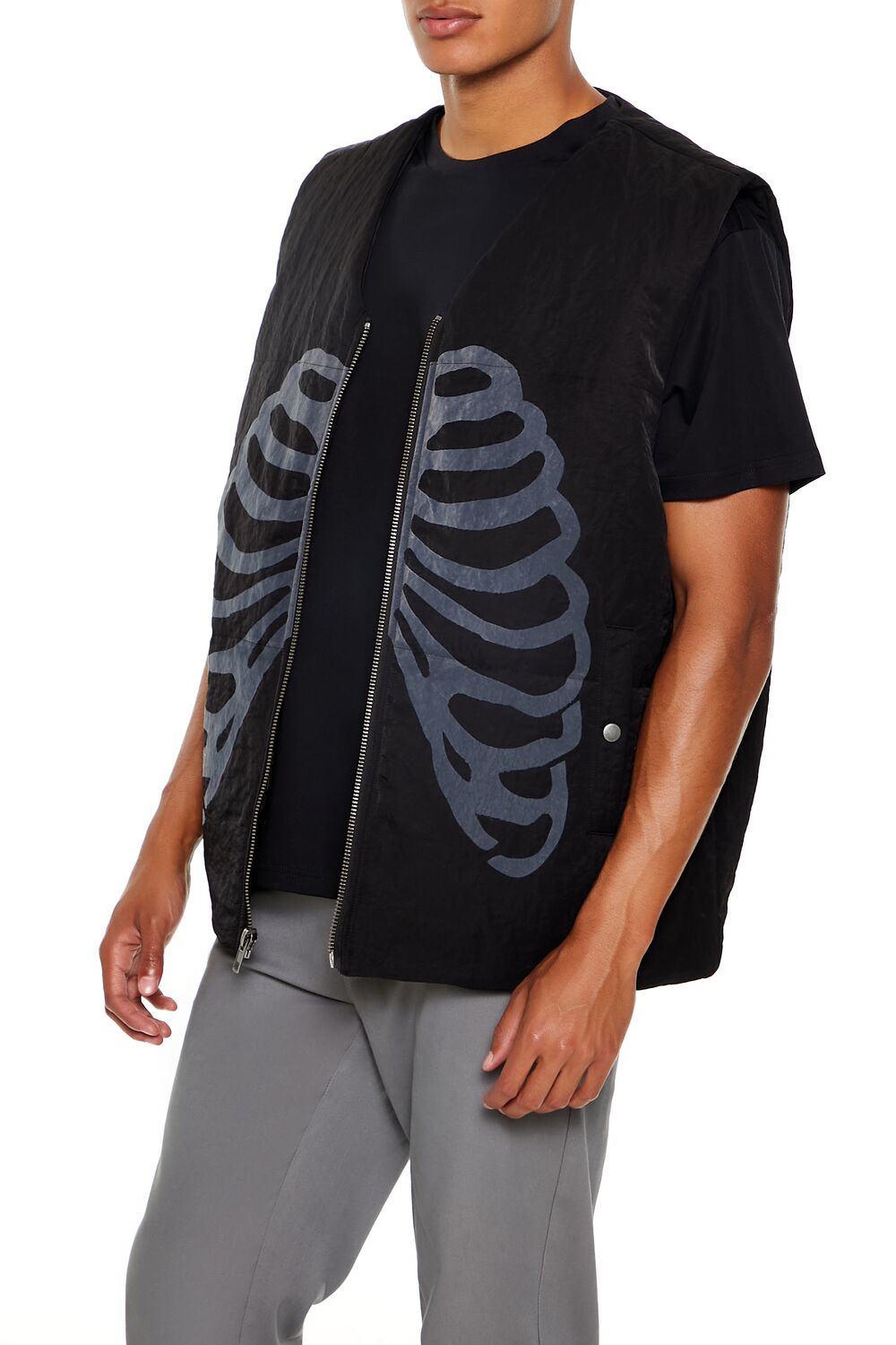  Forever 21 Skeleton Ribcage Zip-Up Vest - black-grey - Bonton