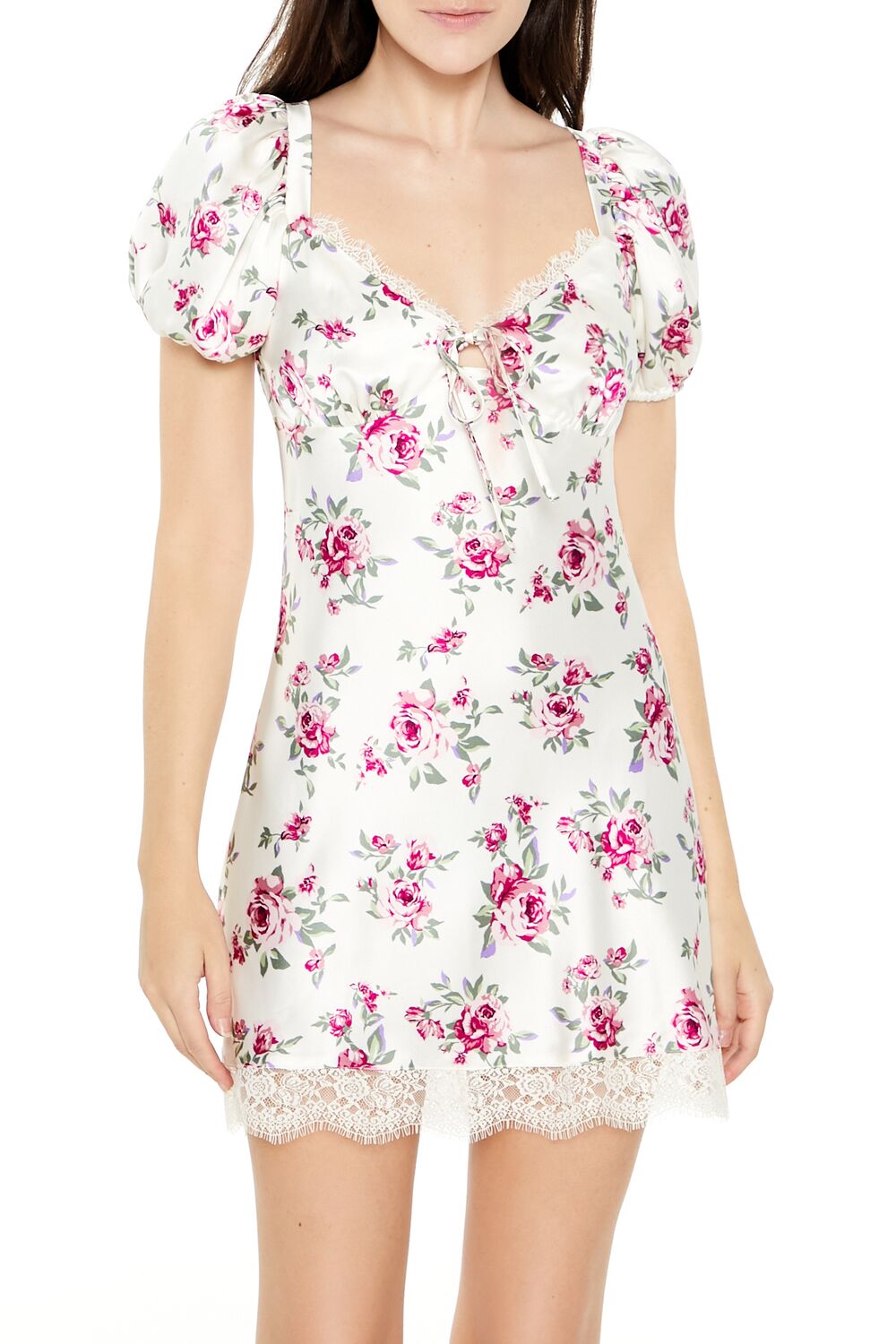  Forever 21 Satin Rose Puff-Sleeve Mini Dress - cream-multi - Bonton