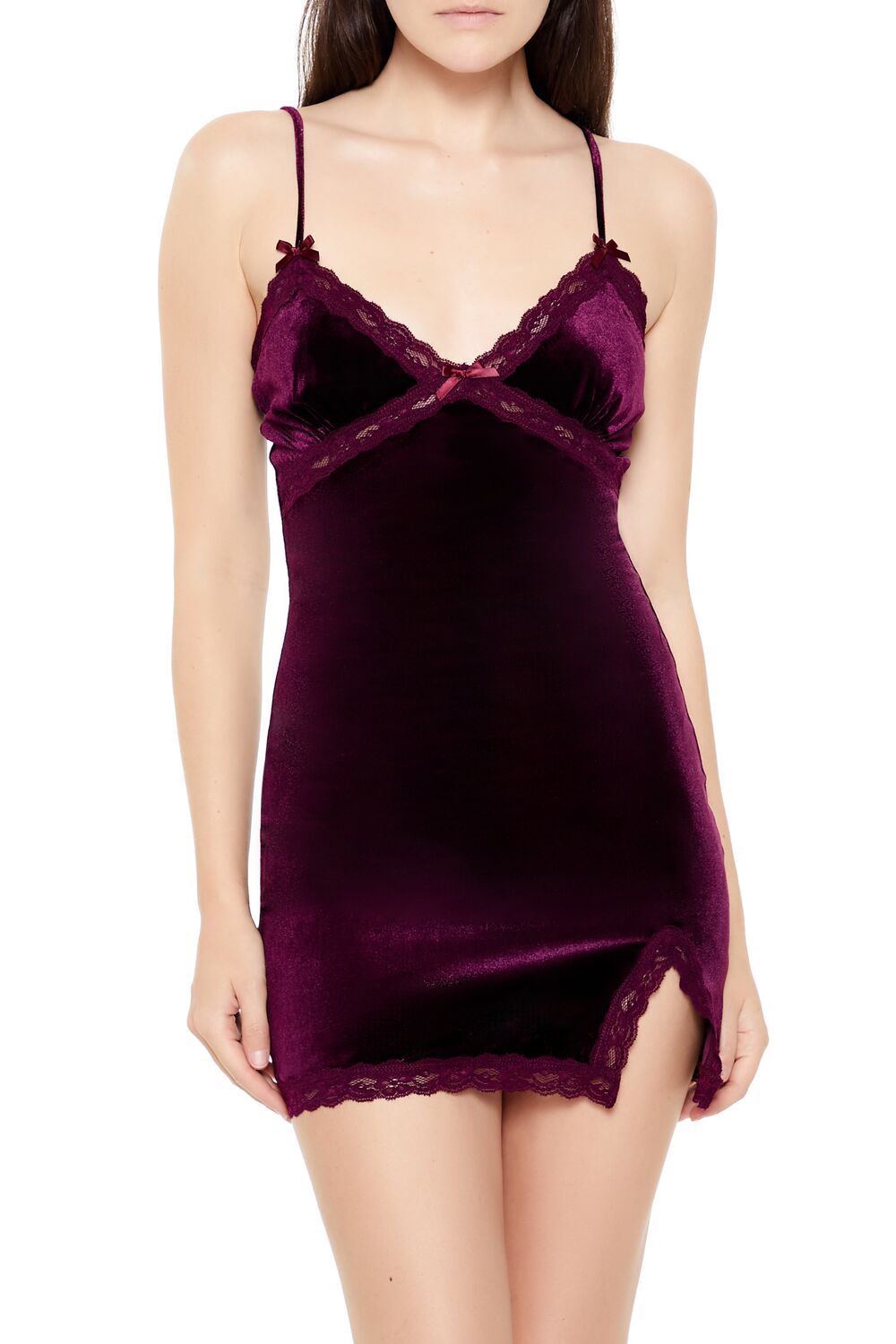  Forever 21 Lace-Trim Velvet Mini Dress - merlot-swatch - Bonton