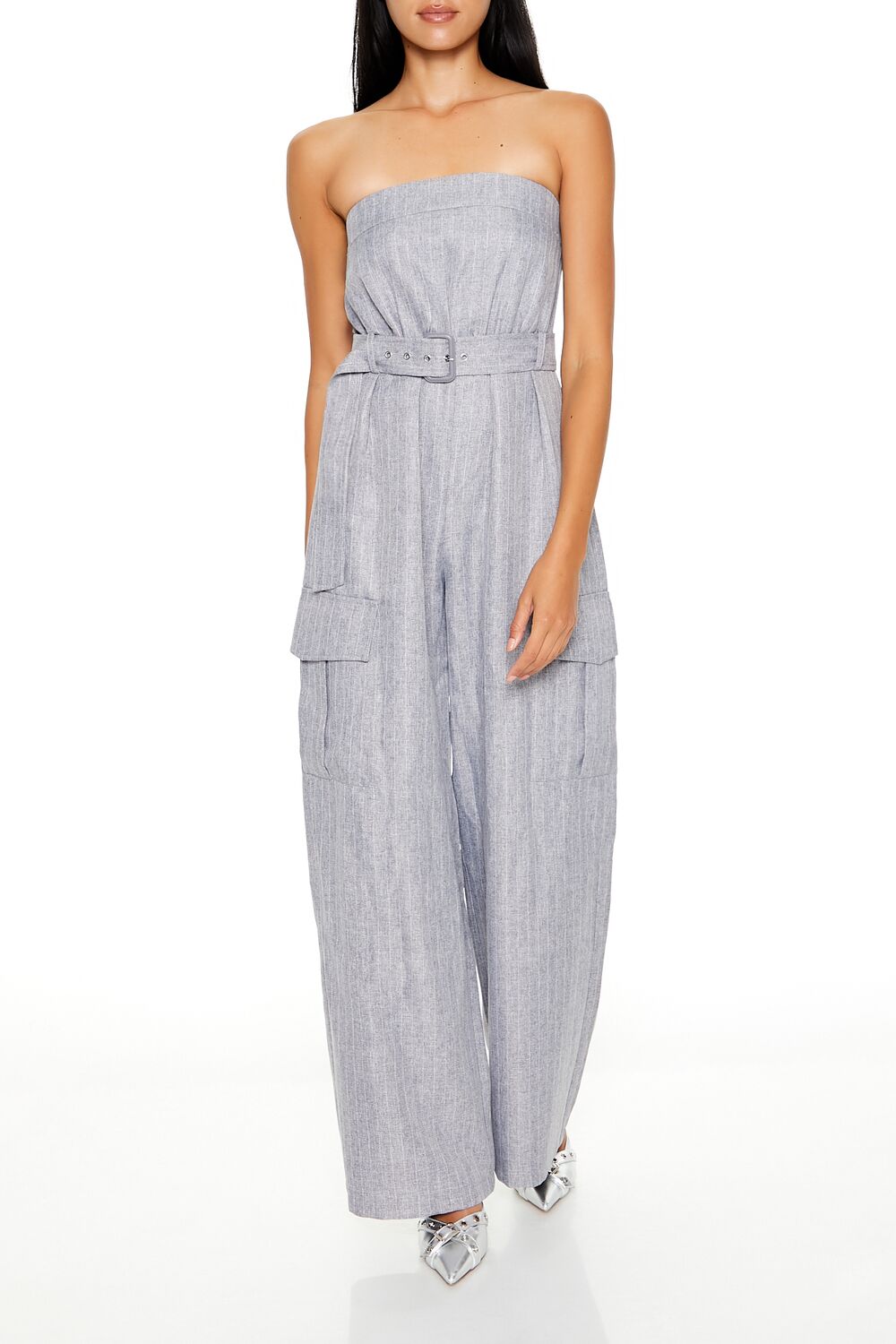  Forever 21 Belted Pinstriped Cargo Jumpsuit - grey-multi - Bonton