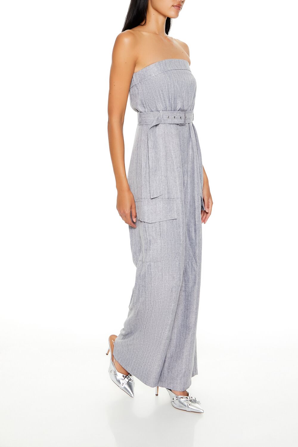  Forever 21 Belted Pinstriped Cargo Jumpsuit - grey-multi - Bonton