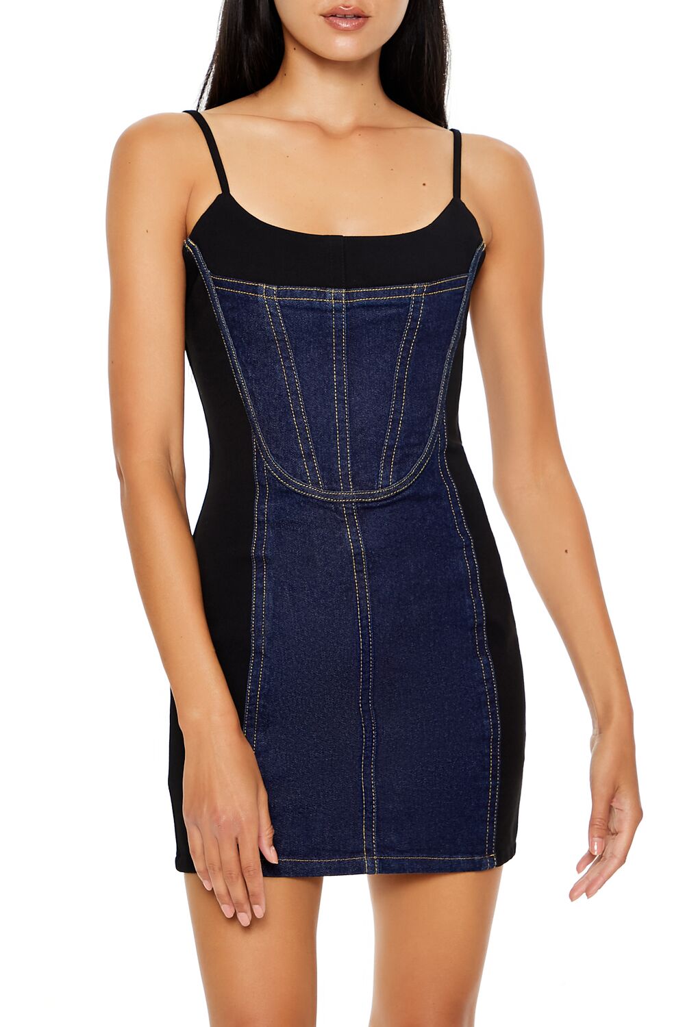  Forever 21 Denim Corset Combo Mini Dress - dark-denim - Bonton