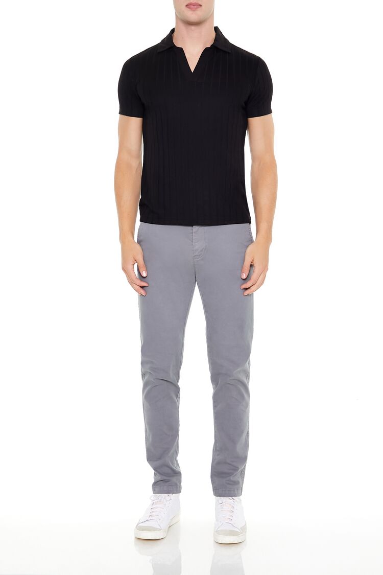  Forever 21 Ribbed Open V-Neck Polo Shirt - black - Bonton