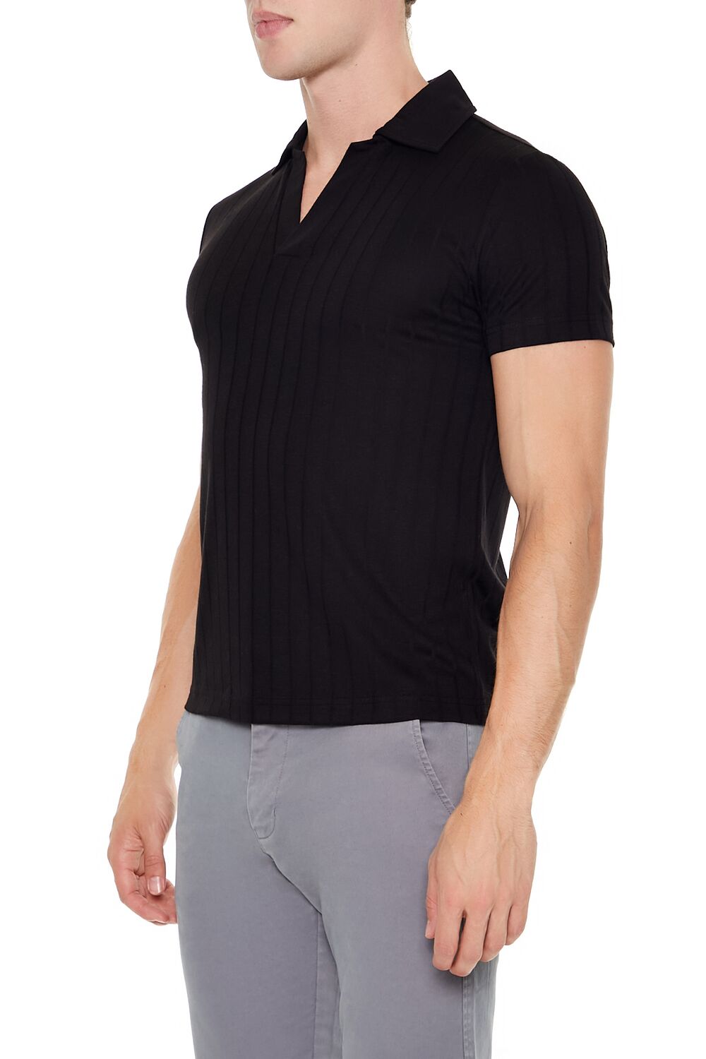  Forever 21 Ribbed Open V-Neck Polo Shirt - black - Bonton