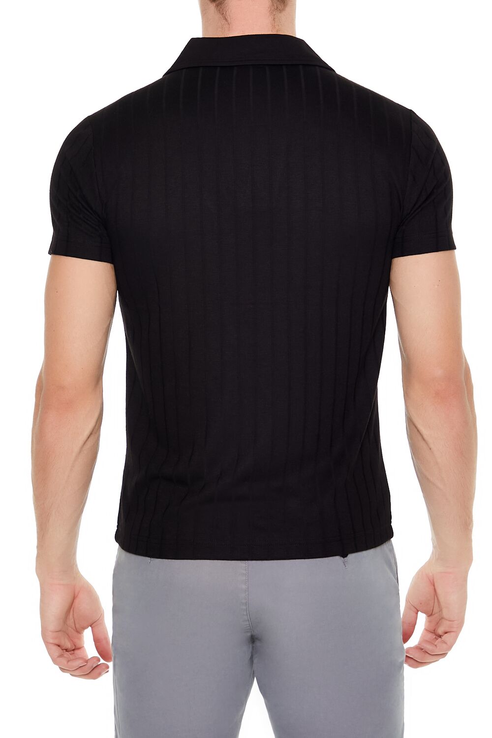  Forever 21 Ribbed Open V-Neck Polo Shirt - black - Bonton