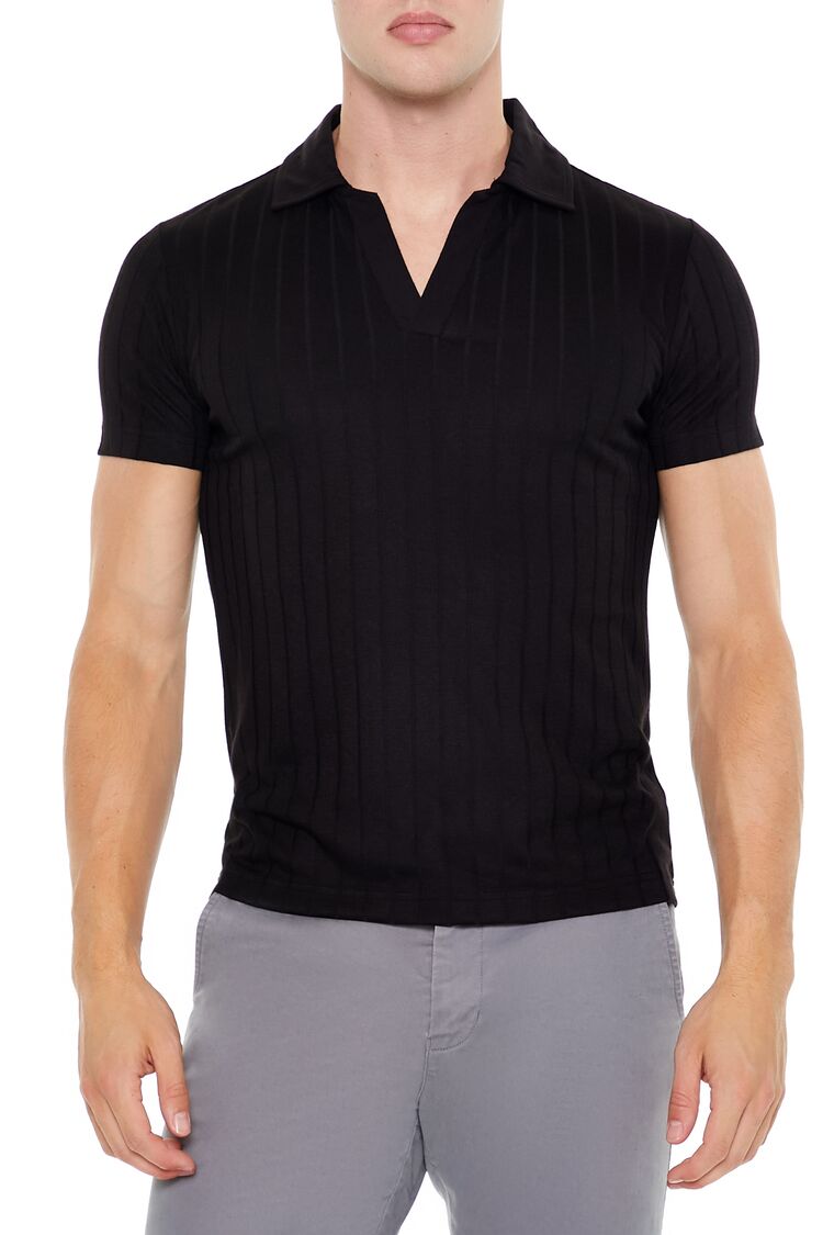  Forever 21 Ribbed Open V-Neck Polo Shirt - black - Bonton