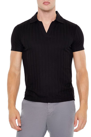 Ribbed Open V-Neck Polo Shirt