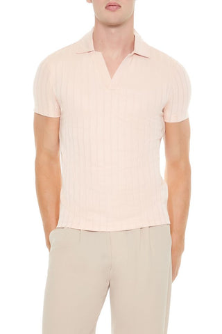 Ribbed Open V-Neck Polo Shirt