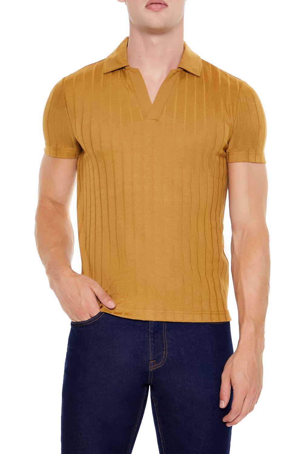  Forever 21 Ribbed Open V-Neck Polo Shirt - black - Bonton