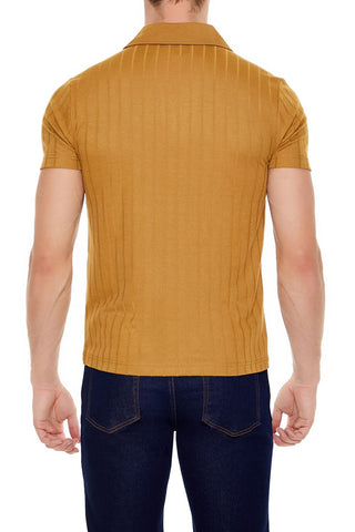 Ribbed Open V-Neck Polo Shirt