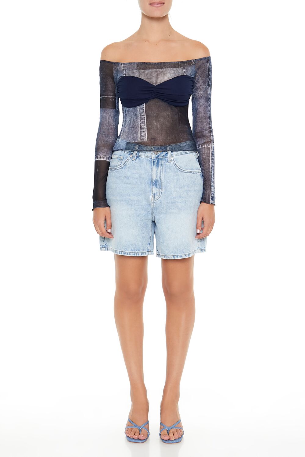  Forever 21 Denim Print Off-the-Shoulder Top - blue multi - Bonton