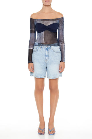 Denim Print Off-the-Shoulder Top