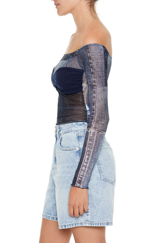 Denim Print Off-the-Shoulder Top