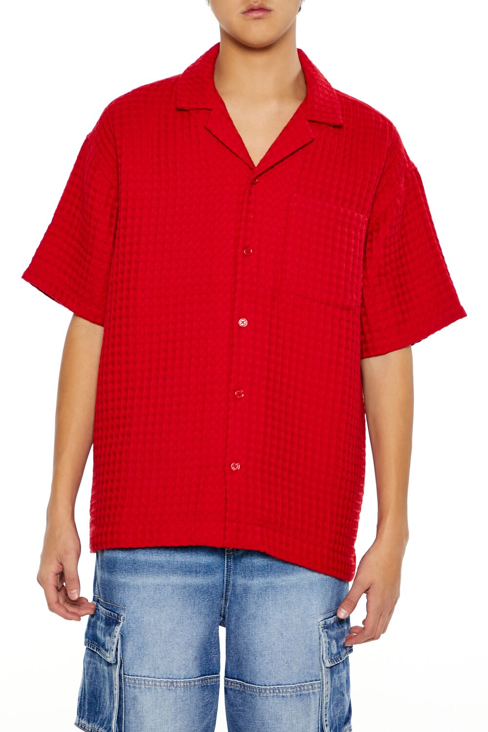  Forever 21 Waffle Knit Cuban Collar Shirt - tomato - Bonton