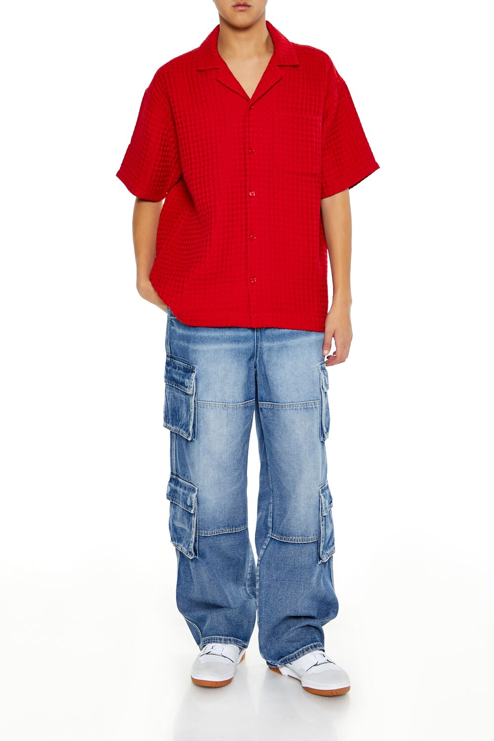  Forever 21 Waffle Knit Cuban Collar Shirt - tomato - Bonton