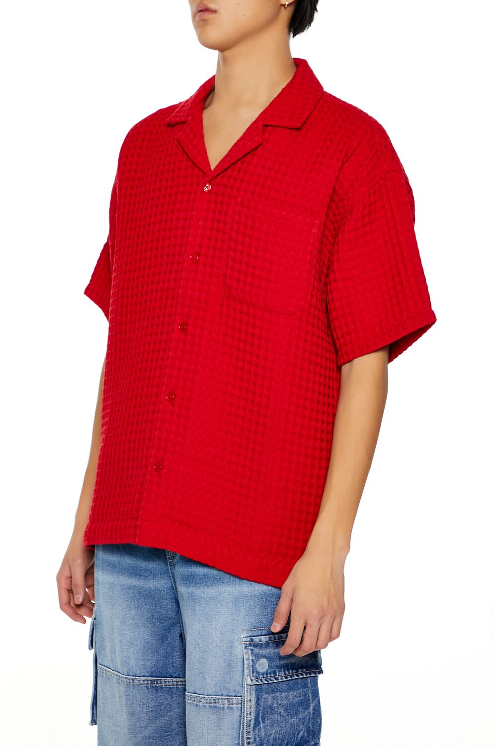  Forever 21 Waffle Knit Cuban Collar Shirt - tomato - Bonton