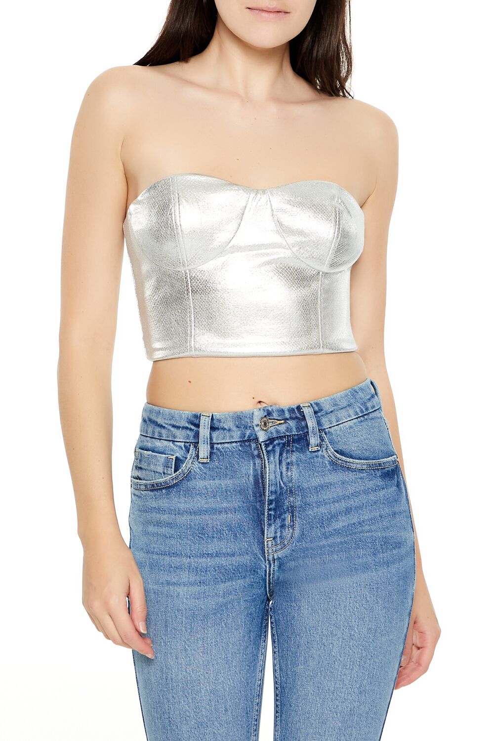  Forever 21 Metallic Bustier Tube Top - silver - Bonton