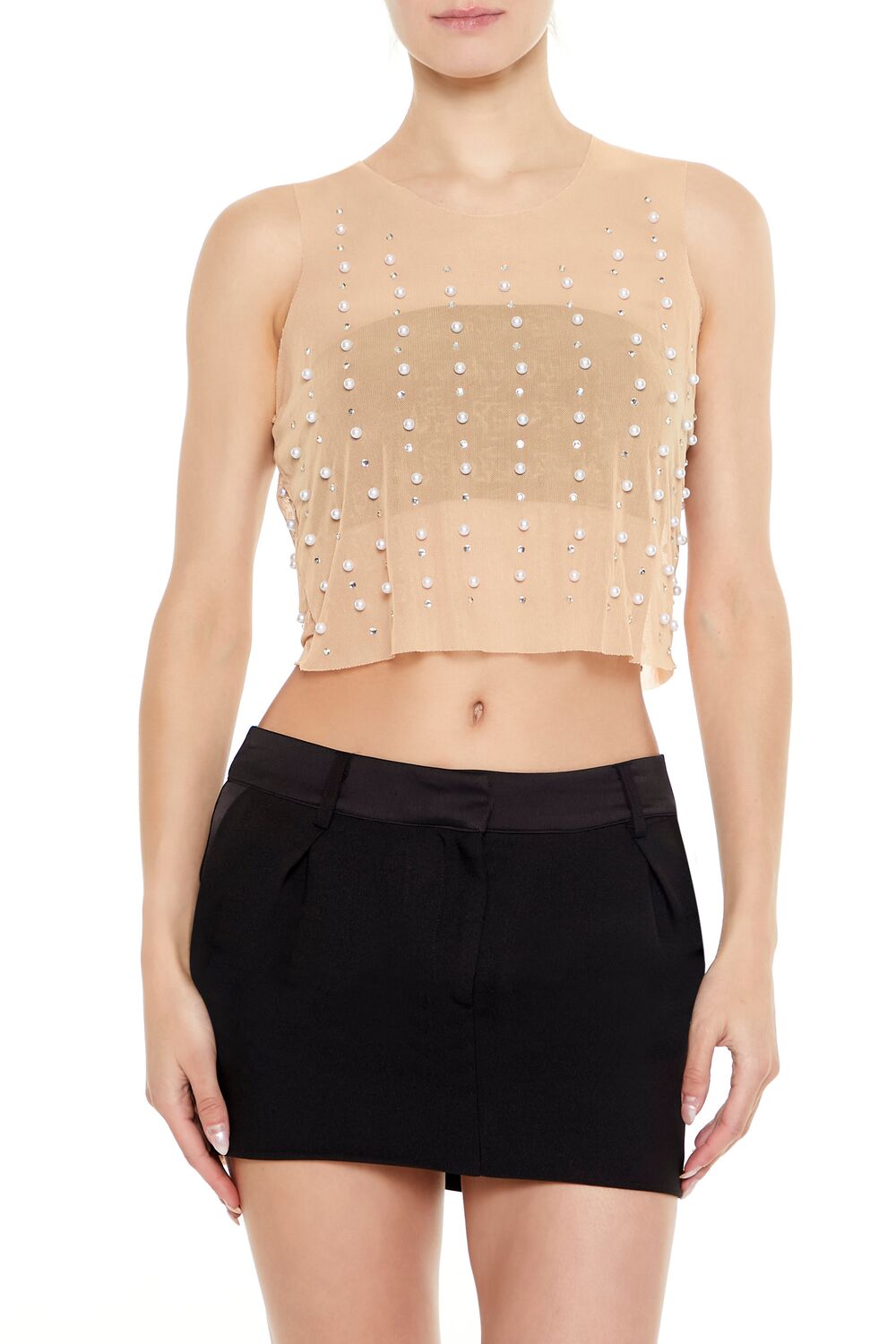  Forever 21 Mesh Faux Pearl Crop Top - tan multi - Bonton