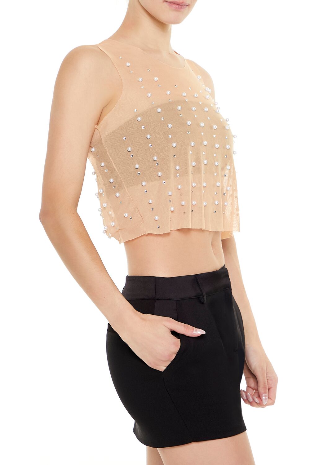  Forever 21 Mesh Faux Pearl Crop Top - tan multi - Bonton