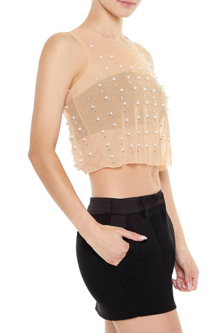 Mesh Faux Pearl Crop Top