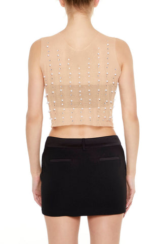Mesh Faux Pearl Crop Top