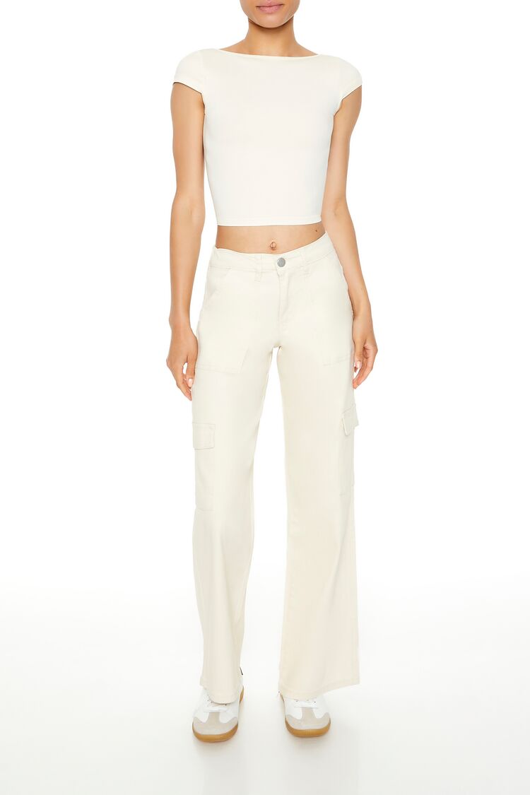  Forever 21 Twill Low-Rise Cargo Pants - cream - Bonton
