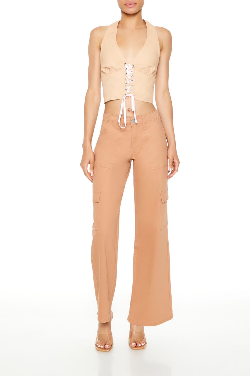  Forever 21 Twill Low-Rise Cargo Pants - cream - Bonton