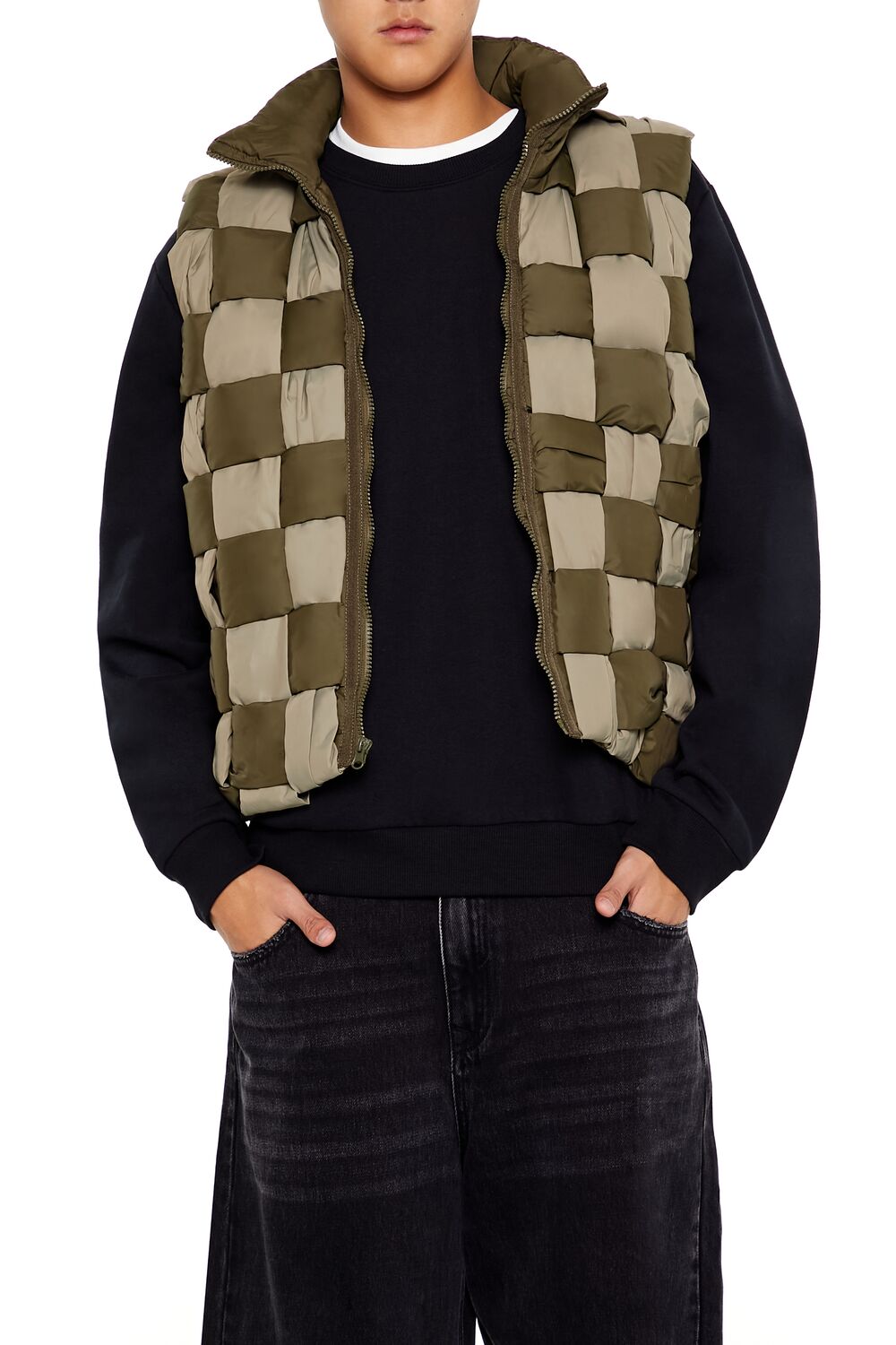  Forever 21 Checkered Basketwoven Vest - olive-light-olive-swatch - Bonton