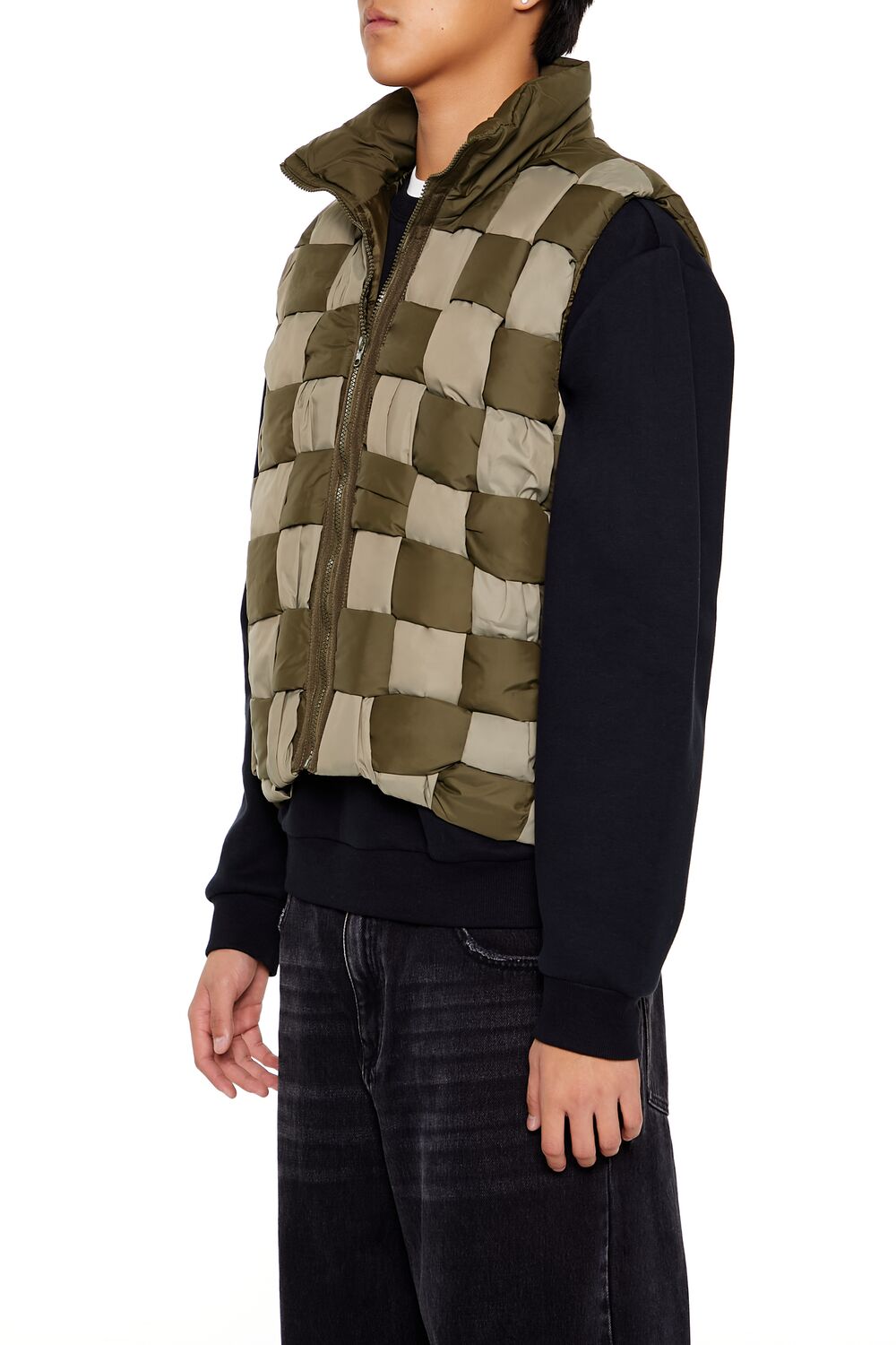 Forever 21 Checkered Basketwoven Vest - olive-light-olive-swatch - Bonton