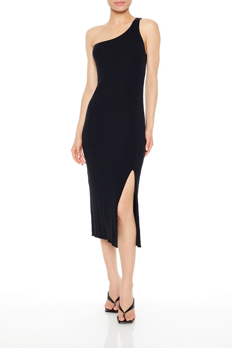  Forever 21 Ribbed One-Shoulder Midi Dress - black-swatch - Bonton