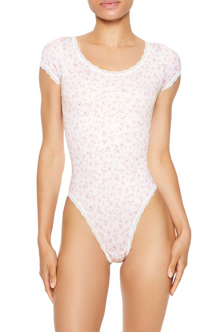  Forever 21 Seamless Floral Lingerie Bodysuit - white-multi - Bonton