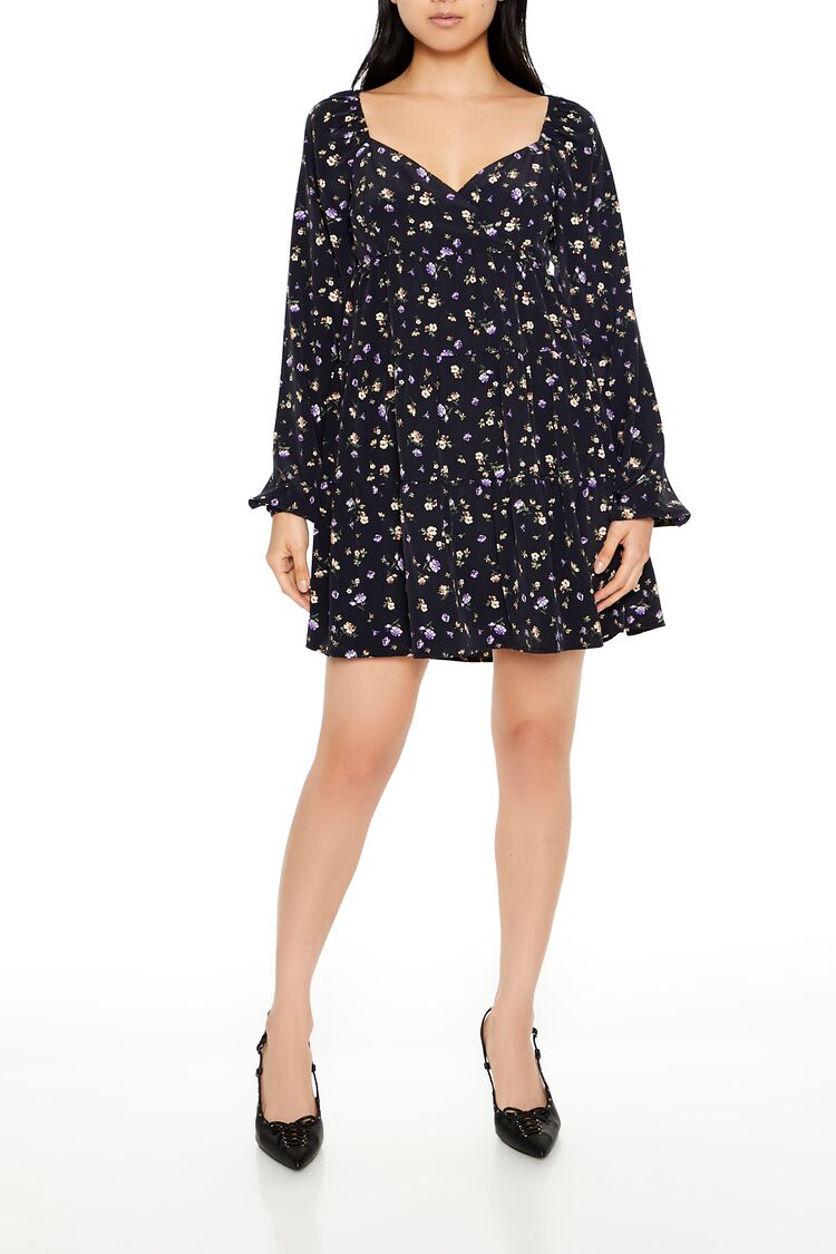 Forever 21 Ditsy Floral Babydoll Mini Dress - black-multi - Bonton