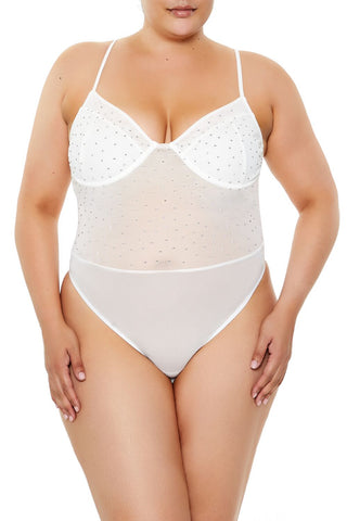 Plus Size Rhinestone Mesh Bodysuit
