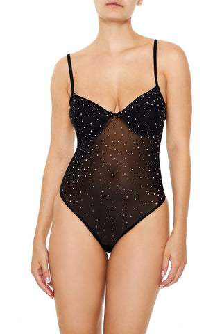 Rhinestone Mesh Thong Bodysuit