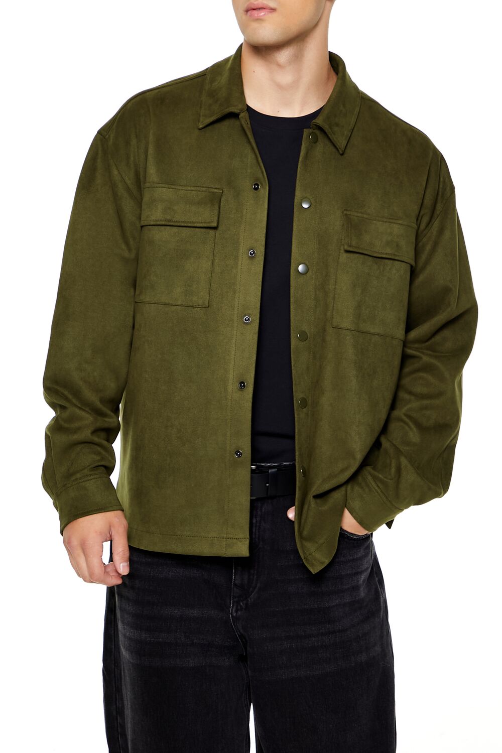  Forever 21 Faux Suede Snap-Button Shirt - olive - Bonton