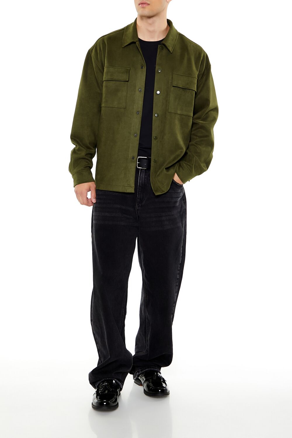  Forever 21 Faux Suede Snap-Button Shirt - olive - Bonton