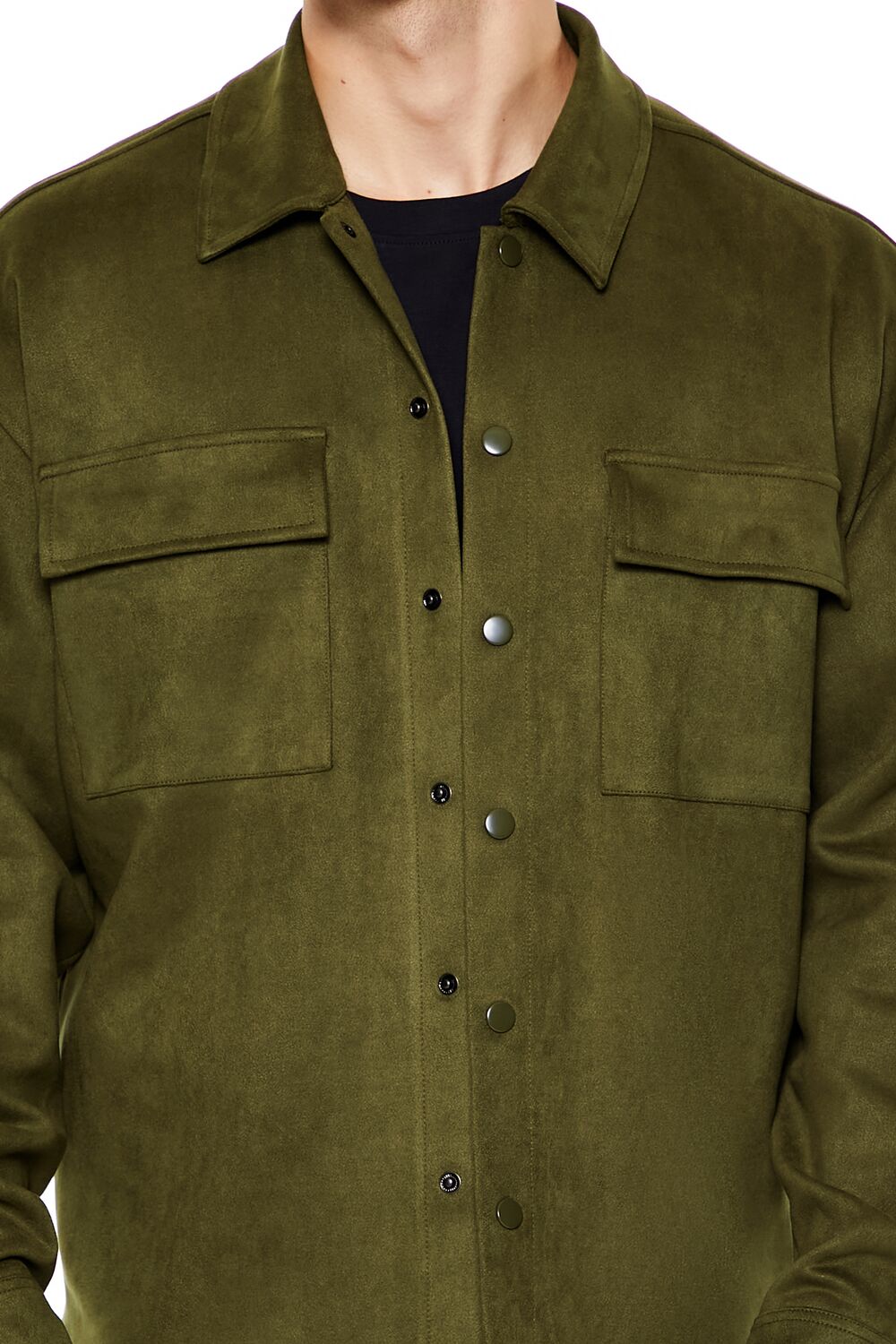  Forever 21 Faux Suede Snap-Button Shirt - olive - Bonton