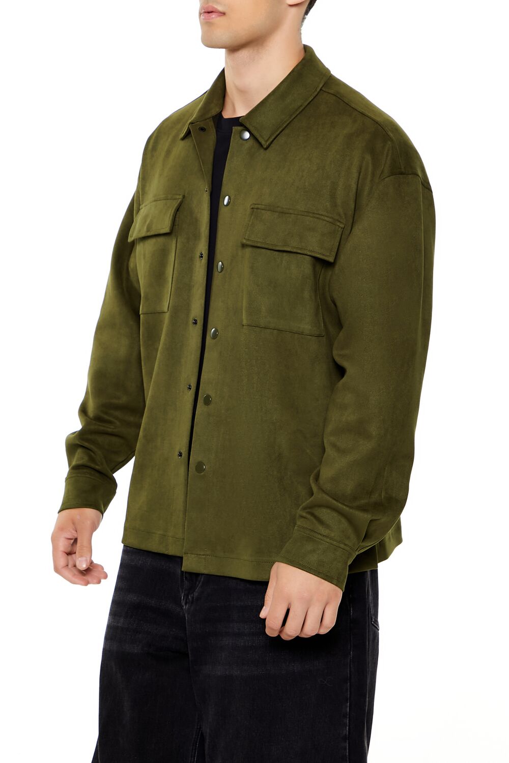  Forever 21 Faux Suede Snap-Button Shirt - olive - Bonton