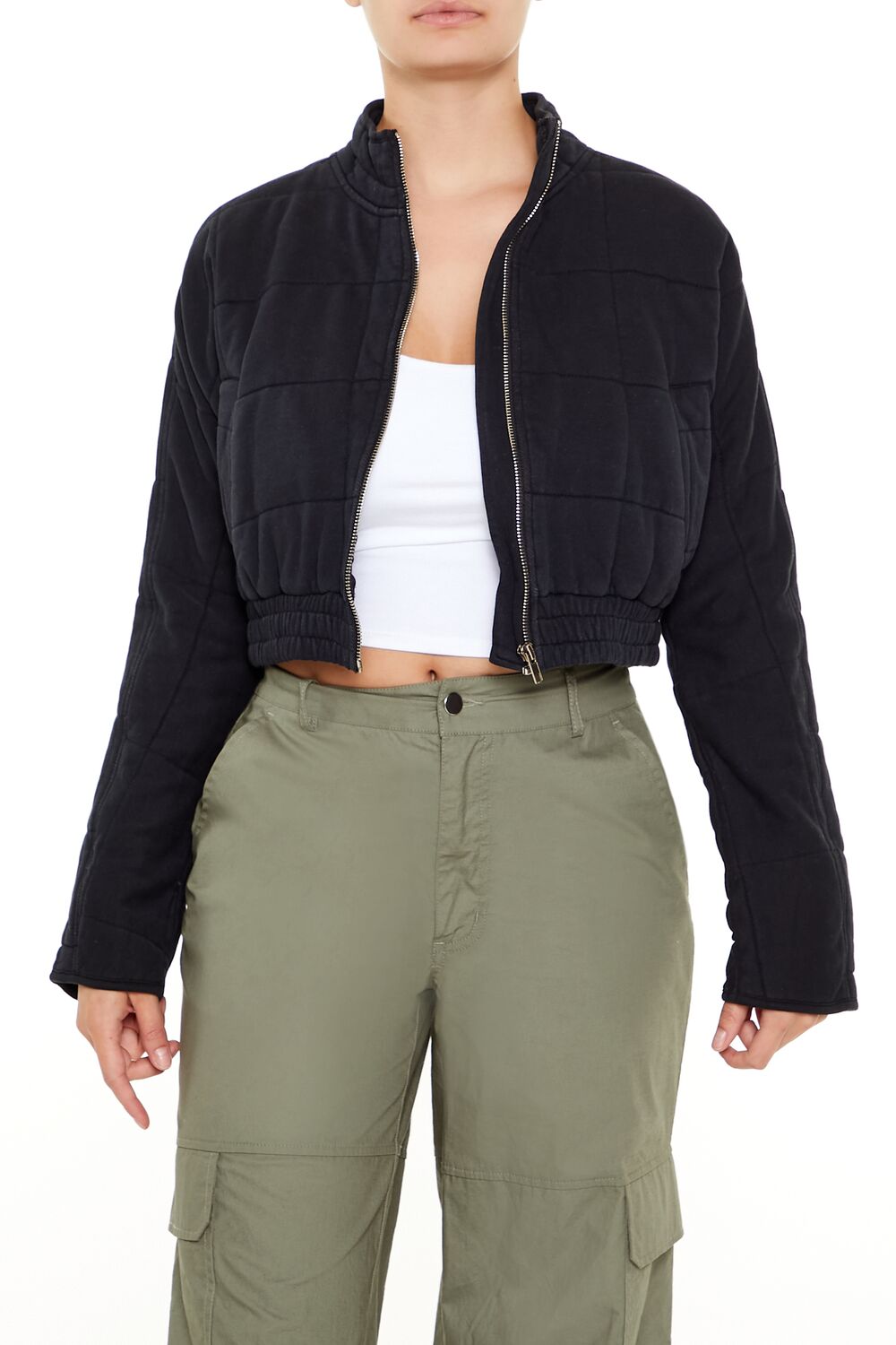  Forever 21 Quilted Zip-Up Cropped Jacket - white - Bonton